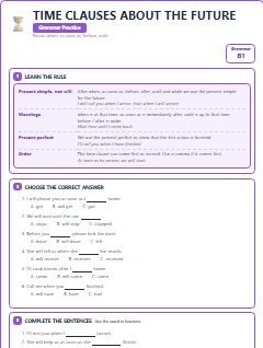First page of Time Clauses About the Future, B1 grammar pack