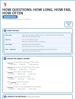 First page of How Questions: How Long, How Far, How Often, A2 grammar pack