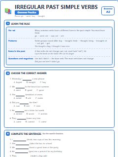 First page of Irregular Past Simple Verbs, A2 grammar pack