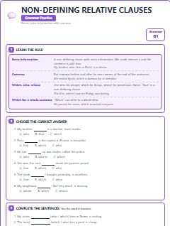 First page of Non-Defining Relative Clauses, B1 grammar pack