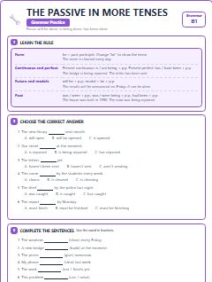 First page of The Passive in More Tenses, B1 grammar pack