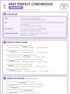 First page of Past Perfect Continuous, B1 grammar pack