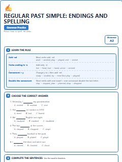 First page of Regular Past Simple: Endings and Spelling, A2 grammar pack