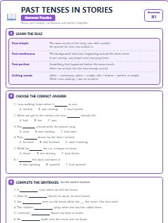 First page of Past Tenses in Stories, B1 grammar pack