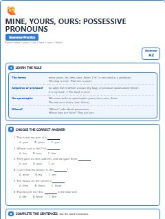First page of Mine, Yours, Ours: Possessive Pronouns, A2 grammar pack