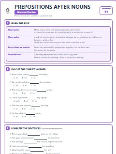 First page of Prepositions After Nouns, B1 grammar pack