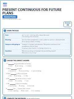 First page of Present Continuous for Future Plans, A2 grammar pack