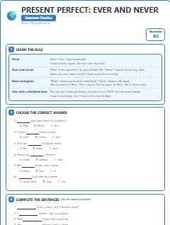 First page of Present Perfect: Ever and Never, A2 grammar pack