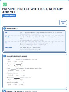 First page of Present Perfect with Just, Already and Yet, A2 grammar pack