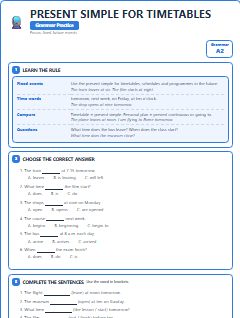 First page of Present Simple for Timetables, A2 grammar pack