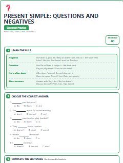 First page of Present Simple: Questions and Negatives, A1 grammar pack