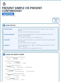 First page of Present Simple or Present Continuous?, A2 grammar pack