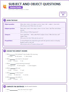 First page of Subject and Object Questions, B1 grammar pack
