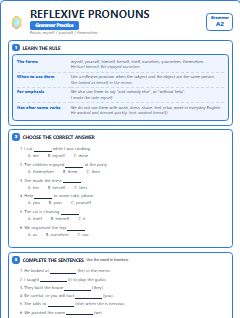 First page of Reflexive Pronouns, A2 grammar pack