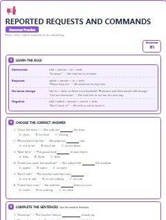 First page of Reported Requests and Commands, B1 grammar pack