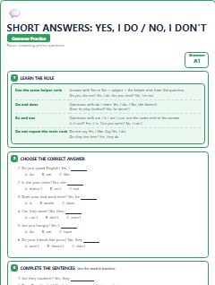 First page of Short Answers: Yes, I Do / No, I Don’t, A1 grammar pack