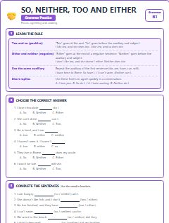 First page of So, Neither, Too and Either, B1 grammar pack