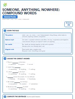 First page of Someone, Anything, Nowhere: Compound Words, A2 grammar pack