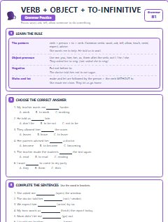 First page of Verb + Object + To-Infinitive, B1 grammar pack