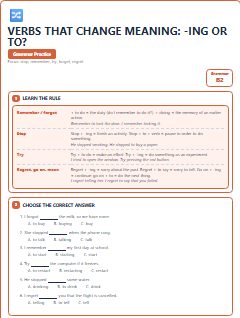 First page of Verbs That Change Meaning: -ing or to?, B2 grammar pack