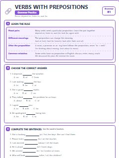 First page of Verbs with Prepositions, B1 grammar pack