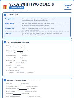 First page of Verbs with Two Objects, A2 grammar pack