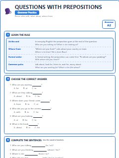 First page of Questions with Prepositions, A2 grammar pack