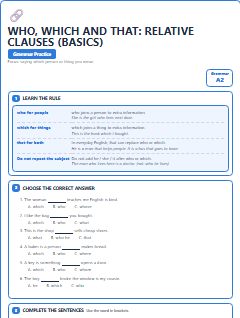First page of Who, Which and That: Relative Clauses (Basics), A2 grammar pack
