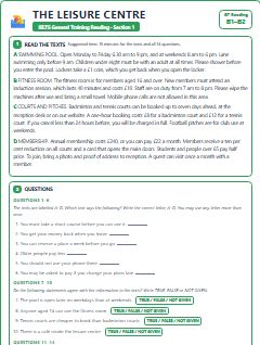 First page of GT Reading Section 1: The Leisure Centre, B1 exam practice