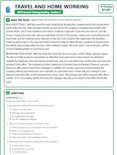 First page of GT Reading Section 2: Travel and Home Working, B1 exam practice