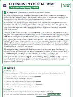 First page of GT Reading Section 3: Learning to Cook at Home, B1 exam practice