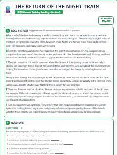 First page of GT Reading Section 3: The Return of the Night Train, B1 exam practice