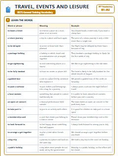 First page of GT Vocabulary: Travel, Events and Leisure, B1 vocabulary list