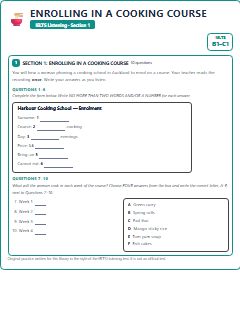 First page of IELTS Listening Section 1: Enrolling in a Cooking Course, B1 exam practice