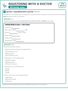First page of IELTS Listening Section 1: Registering with a Doctor, B1 exam practice