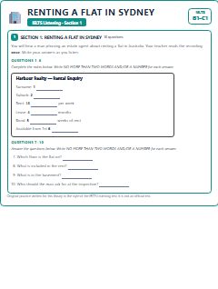 First page of IELTS Listening Section 1: Renting a Flat in Sydney, B1 exam practice