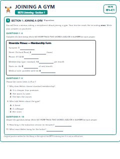 First page of IELTS Listening Section 1: Joining a Gym, B1 exam practice