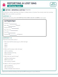 First page of IELTS Listening Section 1: Reporting a Lost Bag, B1 exam practice