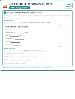 First page of IELTS Listening Section 1: Getting a Moving Quote, B1 exam practice