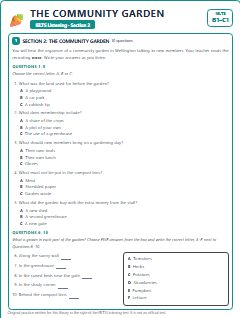 First page of IELTS Listening Section 2: The Community Garden, B1 exam practice