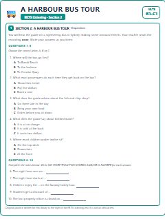First page of IELTS Listening Section 2: A Harbour Bus Tour, B1 exam practice
