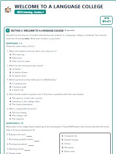 First page of IELTS Listening Section 2: Welcome to a Language College, B1 exam practice