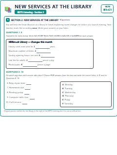 First page of IELTS Listening Section 2: New Services at the Library, B1 exam practice