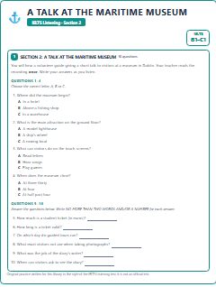 First page of IELTS Listening Section 2: A Talk at the Maritime Museum, B1 exam practice