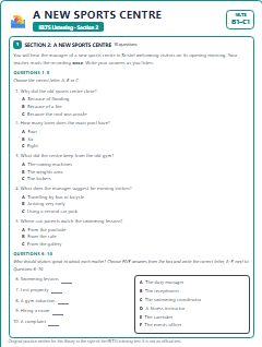First page of IELTS Listening Section 2: A New Sports Centre, B1 exam practice