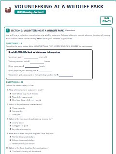 First page of IELTS Listening Section 2: Volunteering at a Wildlife Park, B1 exam practice