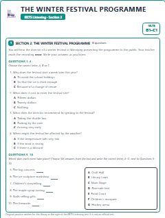 First page of IELTS Listening Section 2: The Winter Festival Programme, B1 exam practice