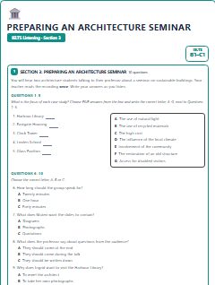 First page of IELTS Listening Section 3: Preparing an Architecture Seminar, B1 exam practice