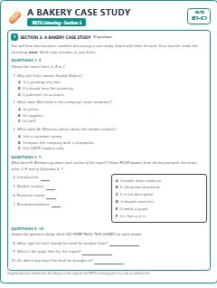 First page of IELTS Listening Section 3: A Bakery Case Study, B1 exam practice
