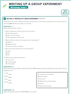 First page of IELTS Listening Section 3: Writing Up a Group Experiment, B1 exam practice